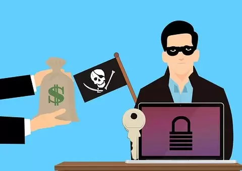 Illustration d'une personne remettant de l'argent à un hacker, représentant le paiement de rançon dans le contexte d'un ransomware