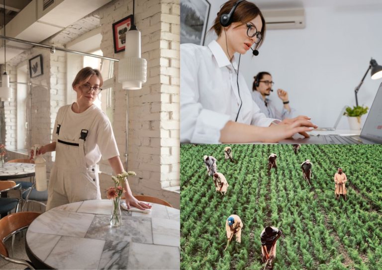 Image représentant trois métiers liés au travail saisonnier : restauration, agriculture et services de soutien