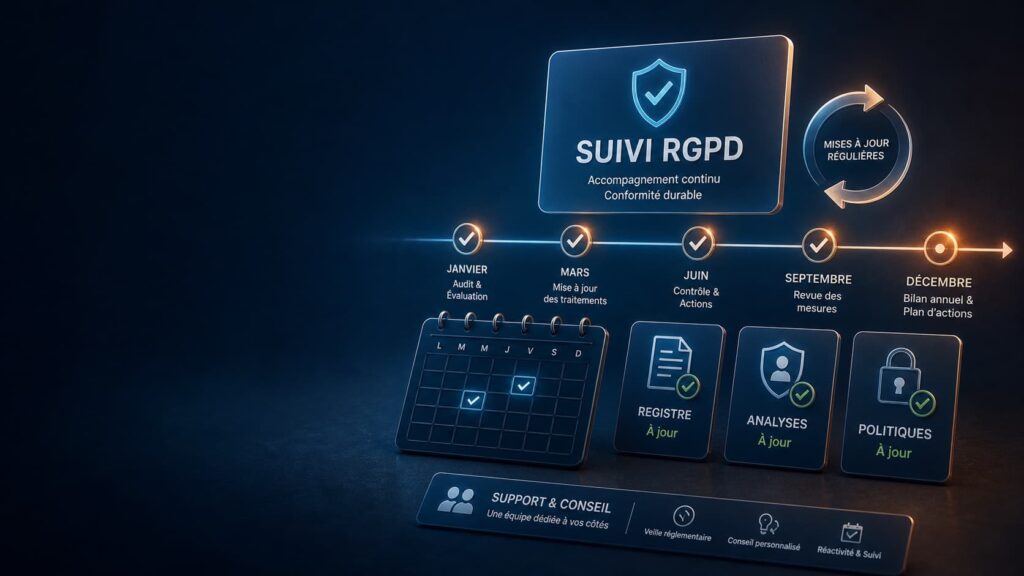Frise de suivi RGPD avec mises à jour régulières, registre, analyses et politiques à jour
