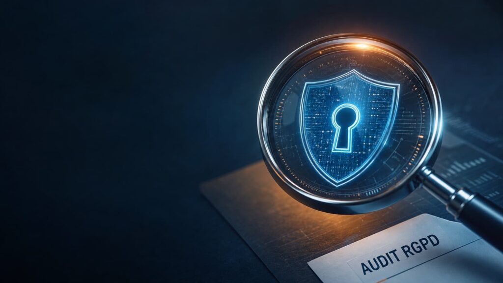 Loupe inspectant un bouclier de protection des données pour illustrer un audit RGPD