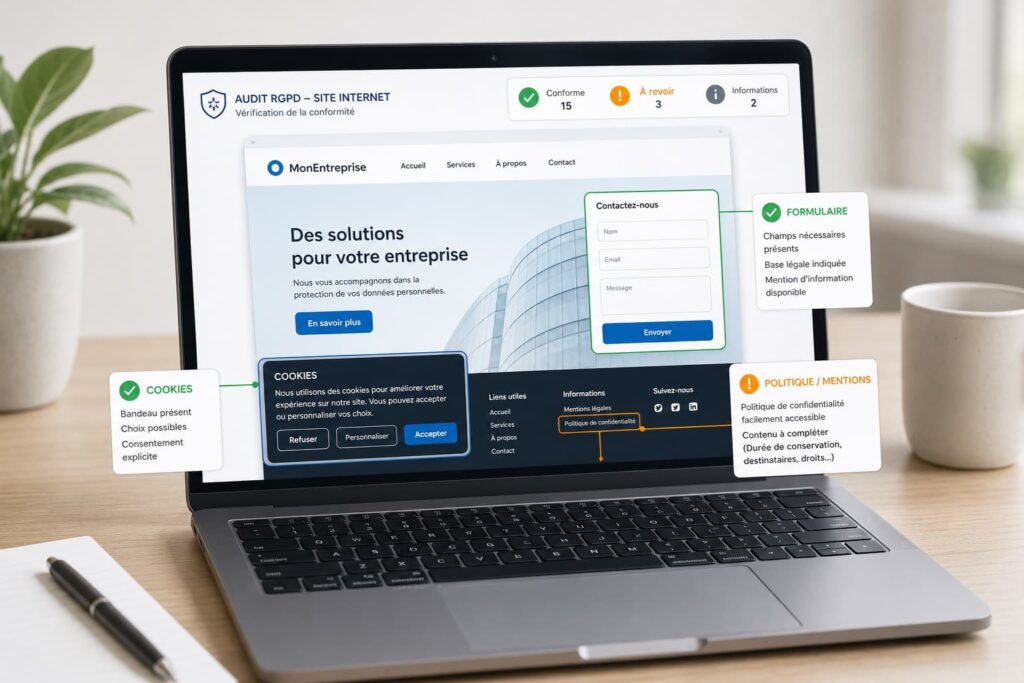 Audit RGPD d’un site internet avec contrôle des formulaires, cookies et mentions légales