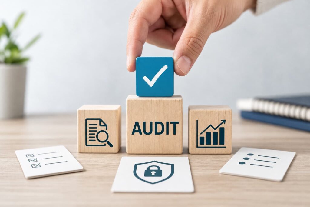 Blocs de contrôle illustrant le diagnostic et les priorités d’un audit RGPD