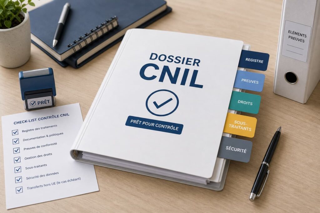 Classeur de préparation au contrôle CNIL avec onglets registre, preuves, droits, sous-traitants et sécurité
