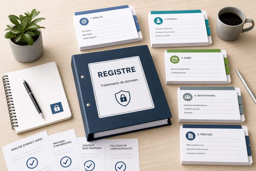 Classeur de registre RGPD avec fiches de traitement, preuves et documents de conformité