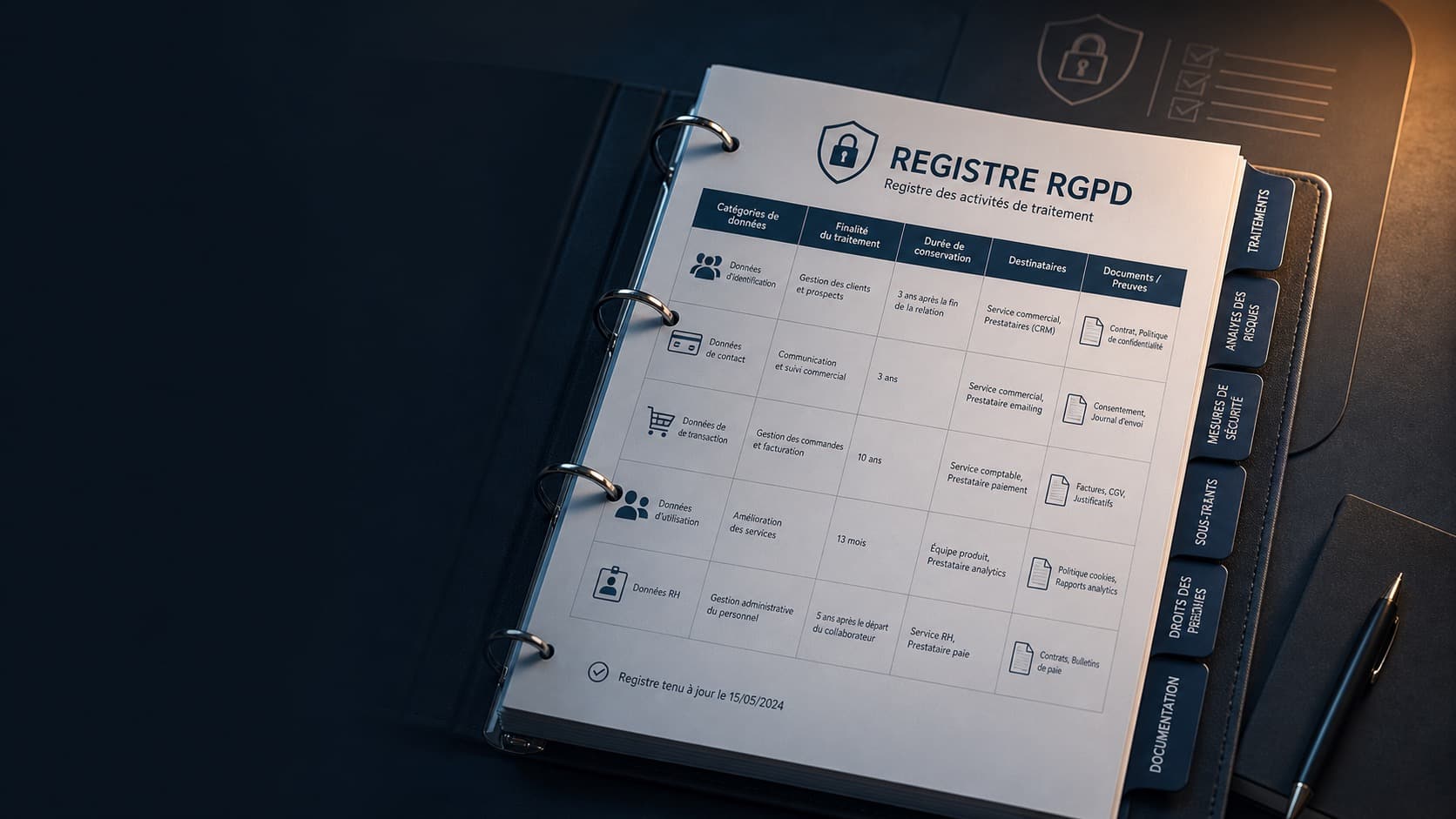 Registre RGPD organisé avec catégories de données, finalités, durées de conservation et preuves