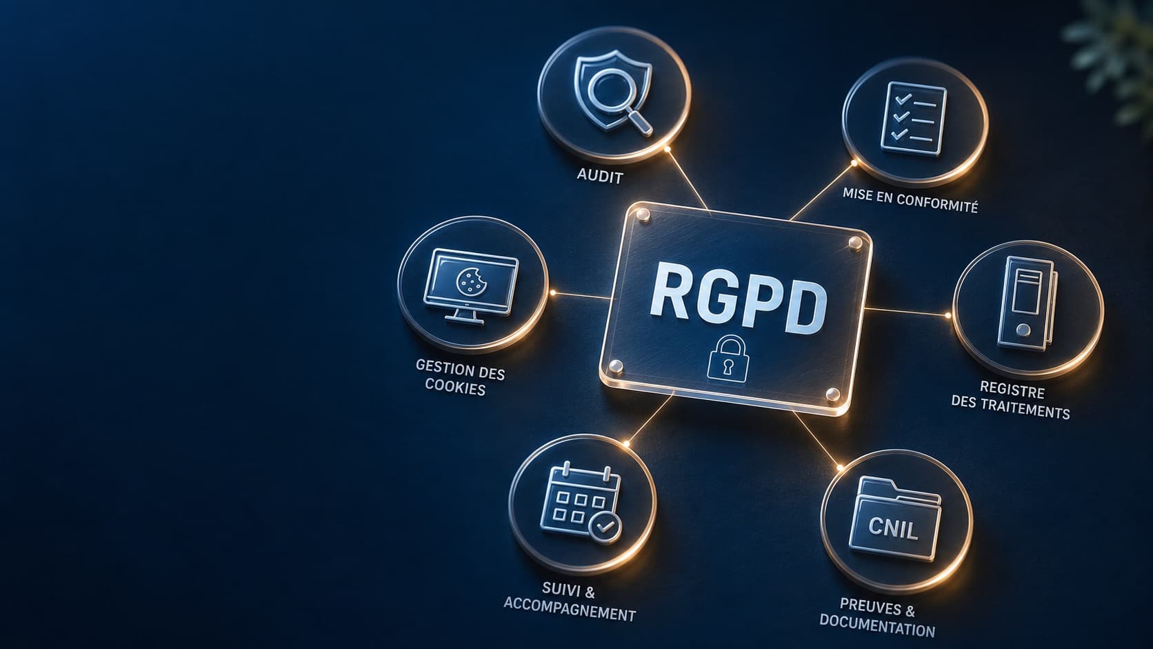 Schéma des prestations RGPD pour les entreprises : audit, conformité, registre, site internet, accompagnement et contrôle CNIL