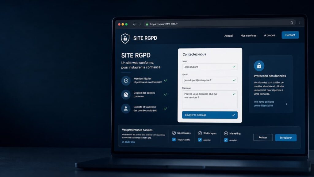 Interface de site internet avec formulaire, mentions d’information et préférences cookies conformes au RGPD