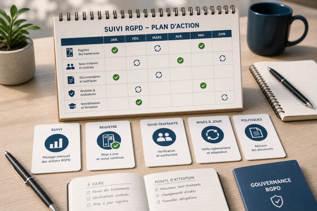 Plan de suivi RGPD avec calendrier, registre, sous-traitants, mises à jour et politiques
