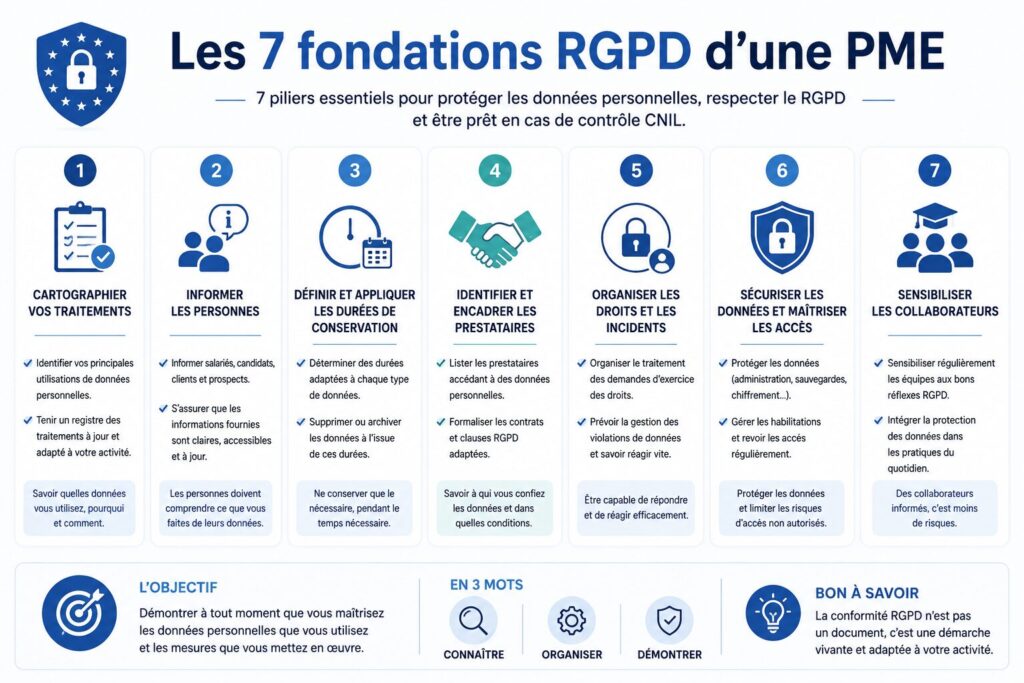 infographie reprenant les 7 fondations RGPD d'une PME par FD Conseil - Florence Delagneau