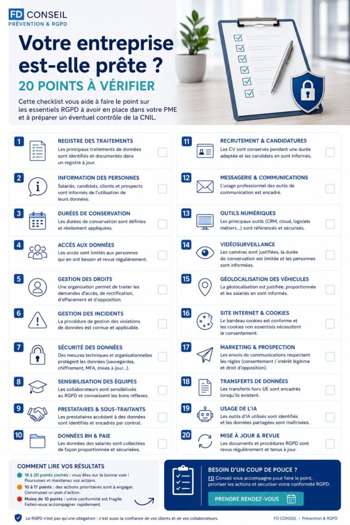 checklist RGPd des 20 points à vérifier pour se préparer à tout contrôle et avancer sur la mise en place du rgpd dans son entreprise par FD Conseil - Florence Delagneau