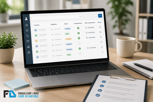 ordinateur avec interface CRM simplifiée et quelques éléments visuels évoquant la traçabilité : contact, date, consentement, coche.