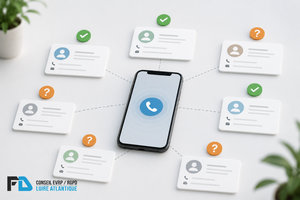“Ai-je le droit d'appeler ?” : un smartphone au centre, entouré de quelques fiches contacts stylisées ; certaines avec une coche, d'autres avec un symbole d'interrogation. Très peu d'éléments. « Votre ancien fichier de prospects est-il encore exploitable ? ».